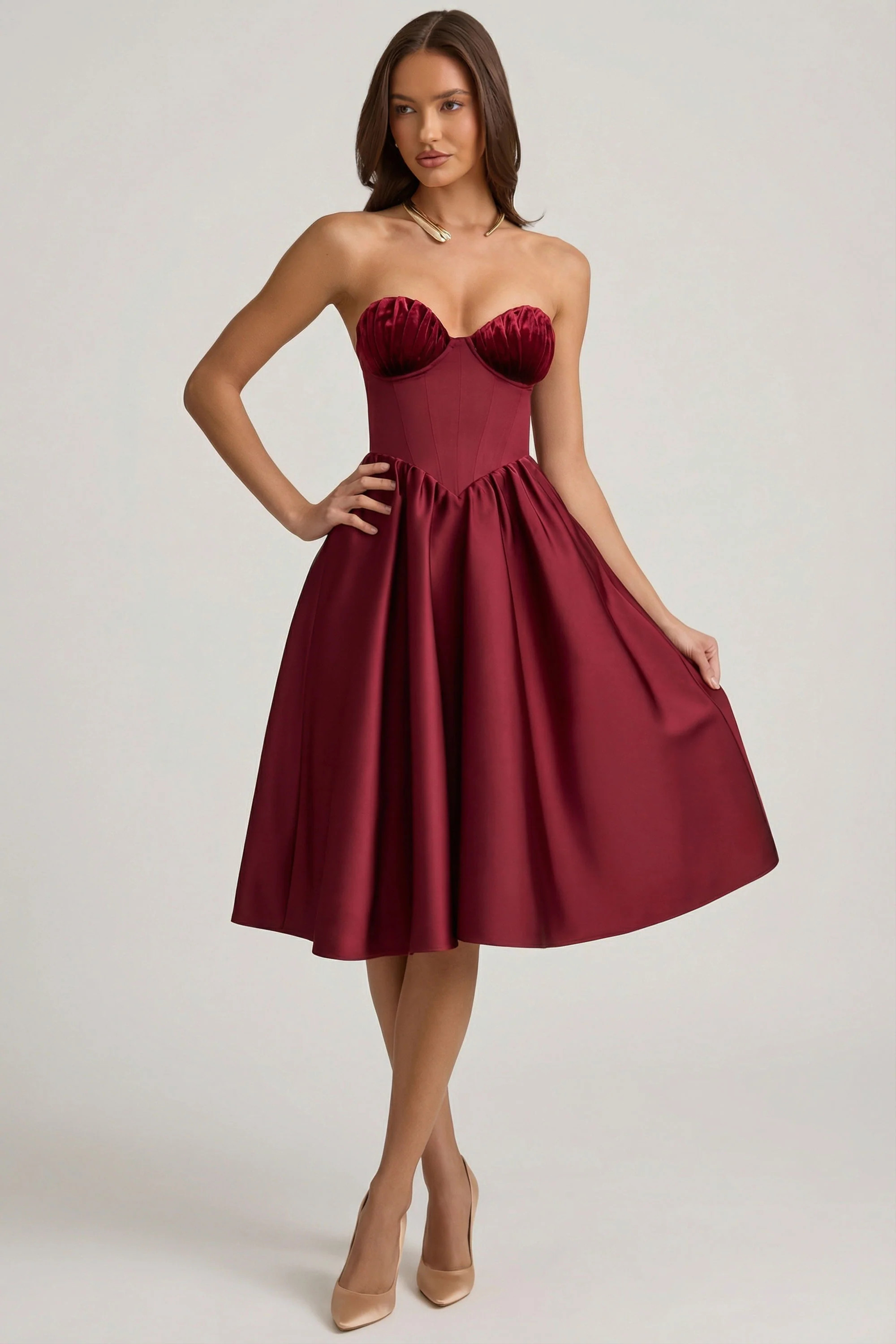 Strapless Corset Midi Dress in Wine Red | Oh Polly