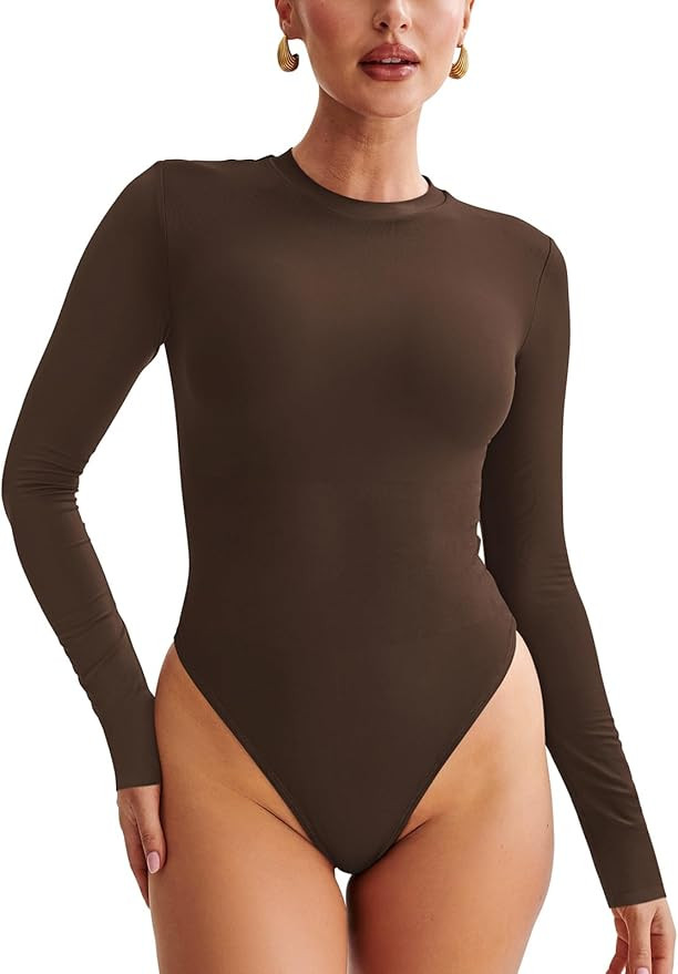 REORIA Women's Basic Trendy Crewneck Long Sleeve Tummy Control Thong Bodysuit Tops | Amazon (US)