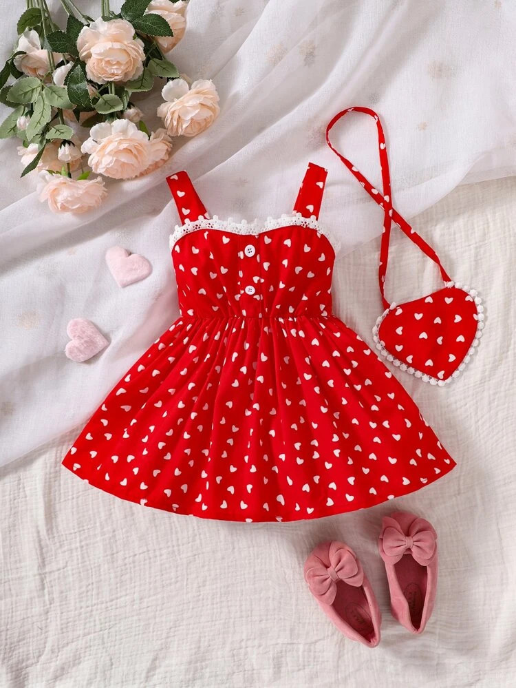 Baby Heart Print Guipure Lace Trim Cami Dress With Bag | SHEIN
