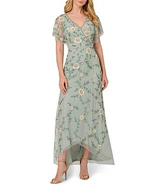 Adrianna Papell Petite Size V-Neck Flutter Sleeve Floral Beaded Mesh Hi-Lo Gown - 6P | Dillard's