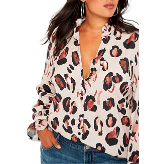 Women's Plus Size Printed Button Down Shirt With Ruffle Neck | Macy's