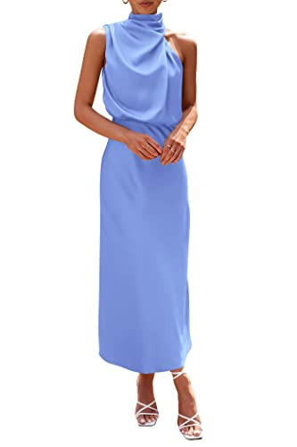 PRETTYGARDEN Women's 2026 Summer Satin Dress Elegant Sleeveless Mock Neck Cocktail Party Maxi Dresses (Blue,Medium) | Amazon (US)