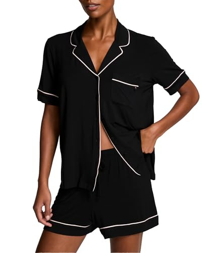 Victoria's Secret Modal Pajama Set, Short Sleeve Shirt and Shorts, Pajamas for Women, Black W Angel Pink Piping, S | Amazon (US)