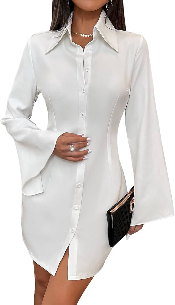Floerns Women's Solid Long Split Sleeve Button Down Tunic Shirt Dress | Amazon (US)