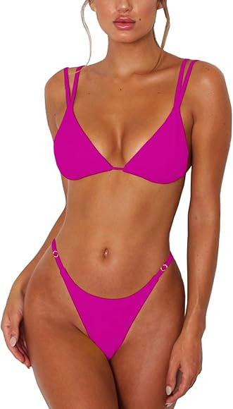 ForBeautyShe Women's Sexy Thong Bottom Two Piece Bikini Double Shoulder Straps Cute Swimsuit Tria... | Amazon (CA)