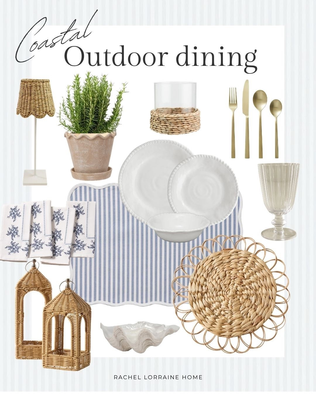 Capturing those Serena and Lily outdoor dining feels with soft blues, classic stripes, and easy coastal layers. Melamine dishware, rattan lanterns, cordless lighting, and soft gold accents make it feel relaxed but still pulled together. Ready for an East coast style outdoor dinner party 🐚