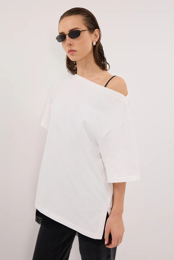 ESME WHITE ASYM BOAT NECK TEE | DISSH