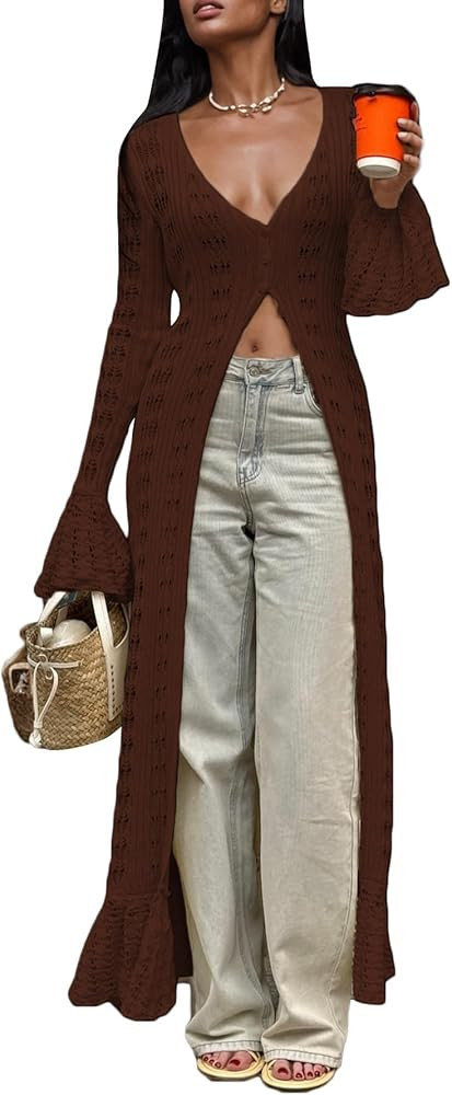 Unybwonn Long Cardigans for Women Crochet Hollow Out Knit Sweater Cover up Maxi Dress Long Sleeve... | Amazon (US)