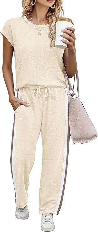 Amazon.com: Casly Lamiit 2 Piece Pants Set for Women Travel Set Short Sleeve Track Suits Shirt an... | Amazon (US)
