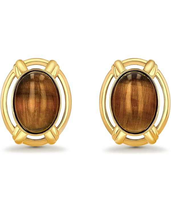 Large Oval Button Chunky Gold Tiger Eye Gemstone Statement Earrings for Women, Big Brown Amber Bo... | Amazon (US)