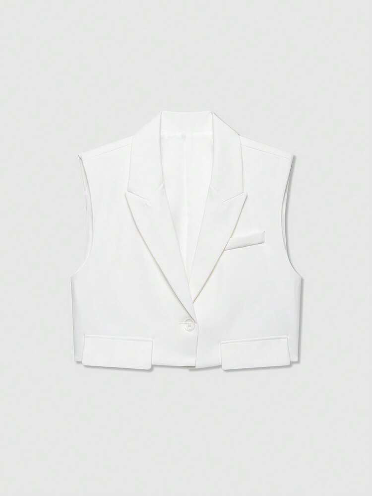Women Solid Color Lapel Neck Casual Vest Jacket White Spring | SHEIN