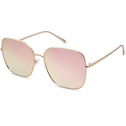 SOJOS Trendy Oversized Square Metal Frame Sunglasses for Women Men Retro Big Flat Lens UV Protection Sunglasses SJ1146, Gold Frame/Pink Mirrored Lens | Amazon (US)
