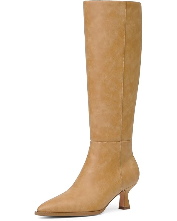 Modatope Knee High Boots Kitten Low Heel Faux Leather Pointed Toe Side Zipper Fall Long Tall Boot... | Amazon (US)