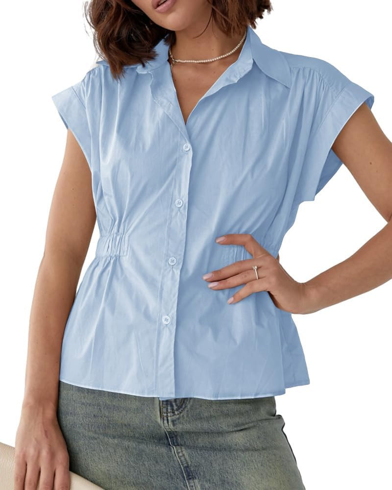 Cicy Bell Womens Dressy Button Down Shirts Peplum Tops Cap Sleeve Summer Work Blouses | Amazon (US)