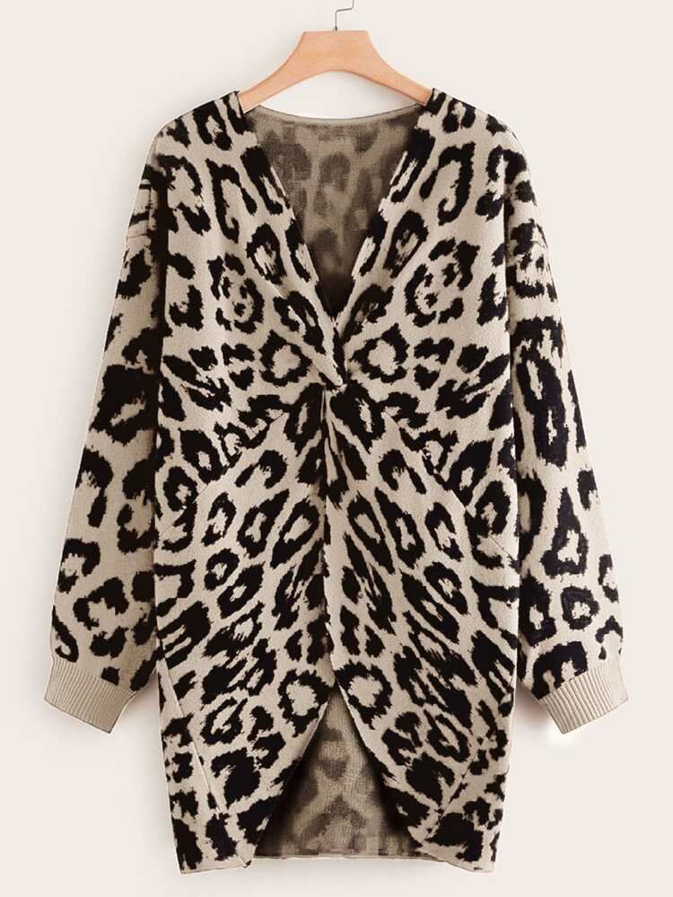 Plus Leopard Pattern Drop Shoulder Twist Asymmetrical Hem Sweater | SHEIN