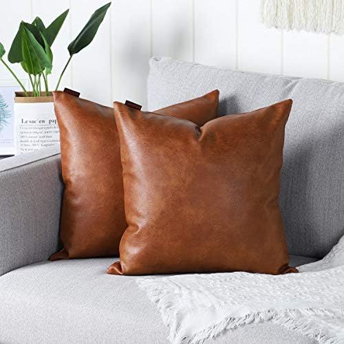 MANDIOO Set of 2 Faux Leather Decorative Throw Pillow Covers Modern Solid Outdoor Cushion Cases Luxu | Amazon (US)