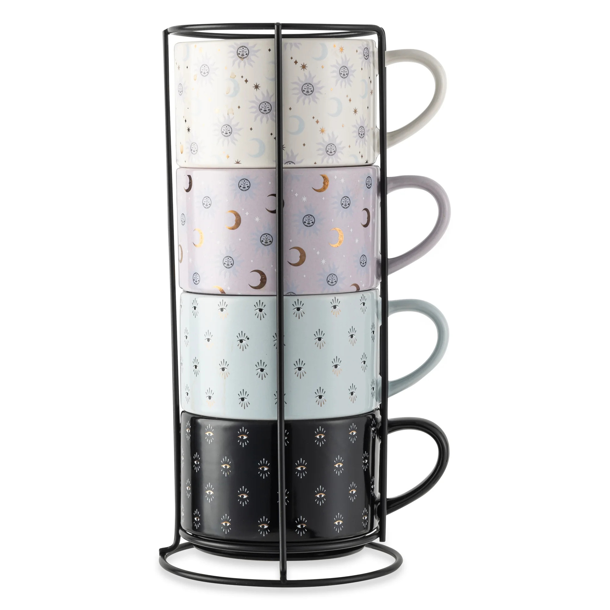 Thyme & Table 11.1 fl oz Assorted Celestial Stoneware Stacking Mugs with Wire Rack, Set of 4 | Walmart (US)