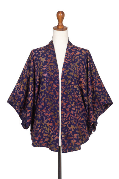 Batik Kimono Jacket in Blue Purple & Brown with Leaf Motifs | NOVICA