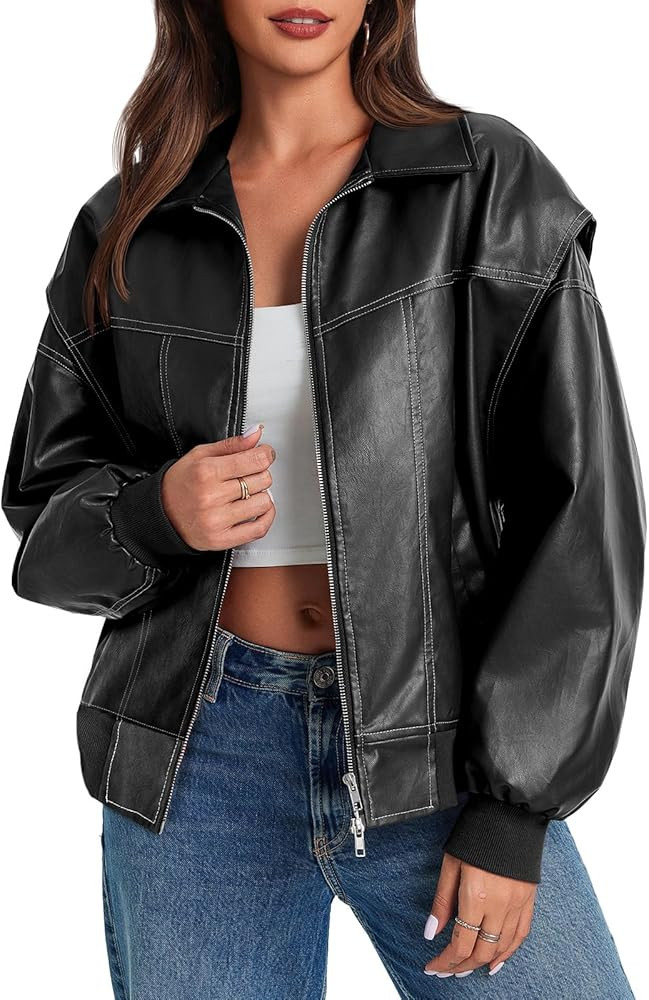 Tankaneo Womens Oversized Leather Bomber Jackets Cap Sleeve Zip Up Motorcycle Coats with Pockets | Amazon (US)