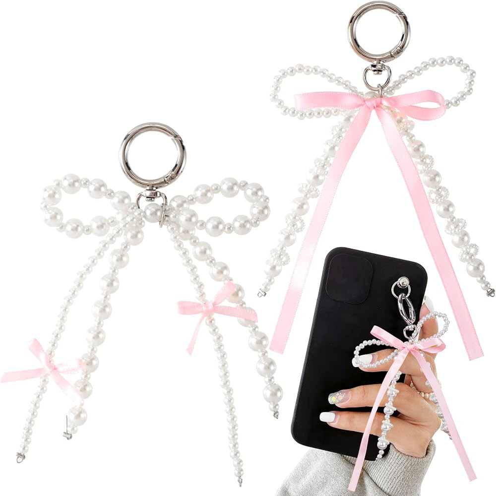 2pcs Pink Bow Keychain, Cute Pearl Bowknot Bag Charms, Aesthetic Keychain Accessories for Women Purse Keys Bags Phone Case Decoration | Amazon (US)