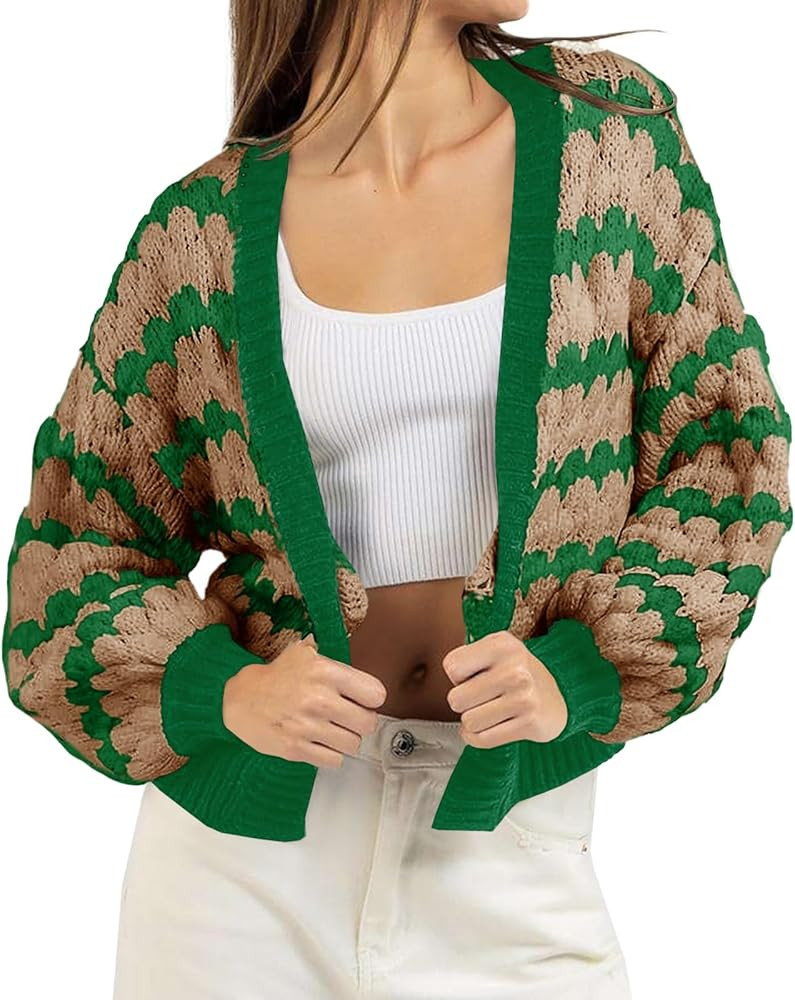 Saodimallsu Womens Cropped Cardigan Striped Open Front Long Lantern Sleeve Color Block Loose Chun... | Amazon (US)