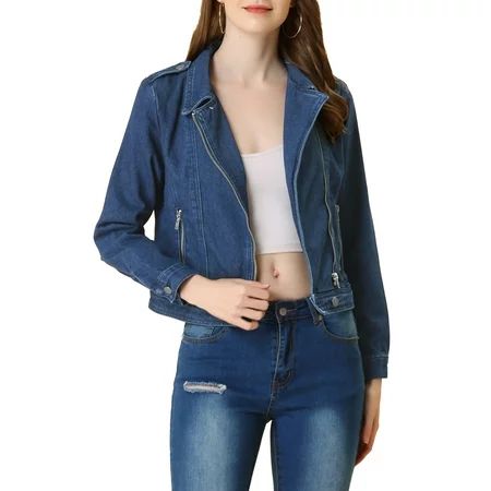 Allegra K Women s Notched Lapel Long Sleeve Zip Asymmetric Moto Denim Jacket | Walmart (US)