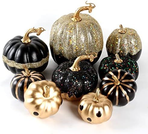9 Pcs Assorted Sizes Black Pumpkin Decoration Fall Artificial Pumpkins Harvest Pumpkins Faux Foam... | Amazon (US)