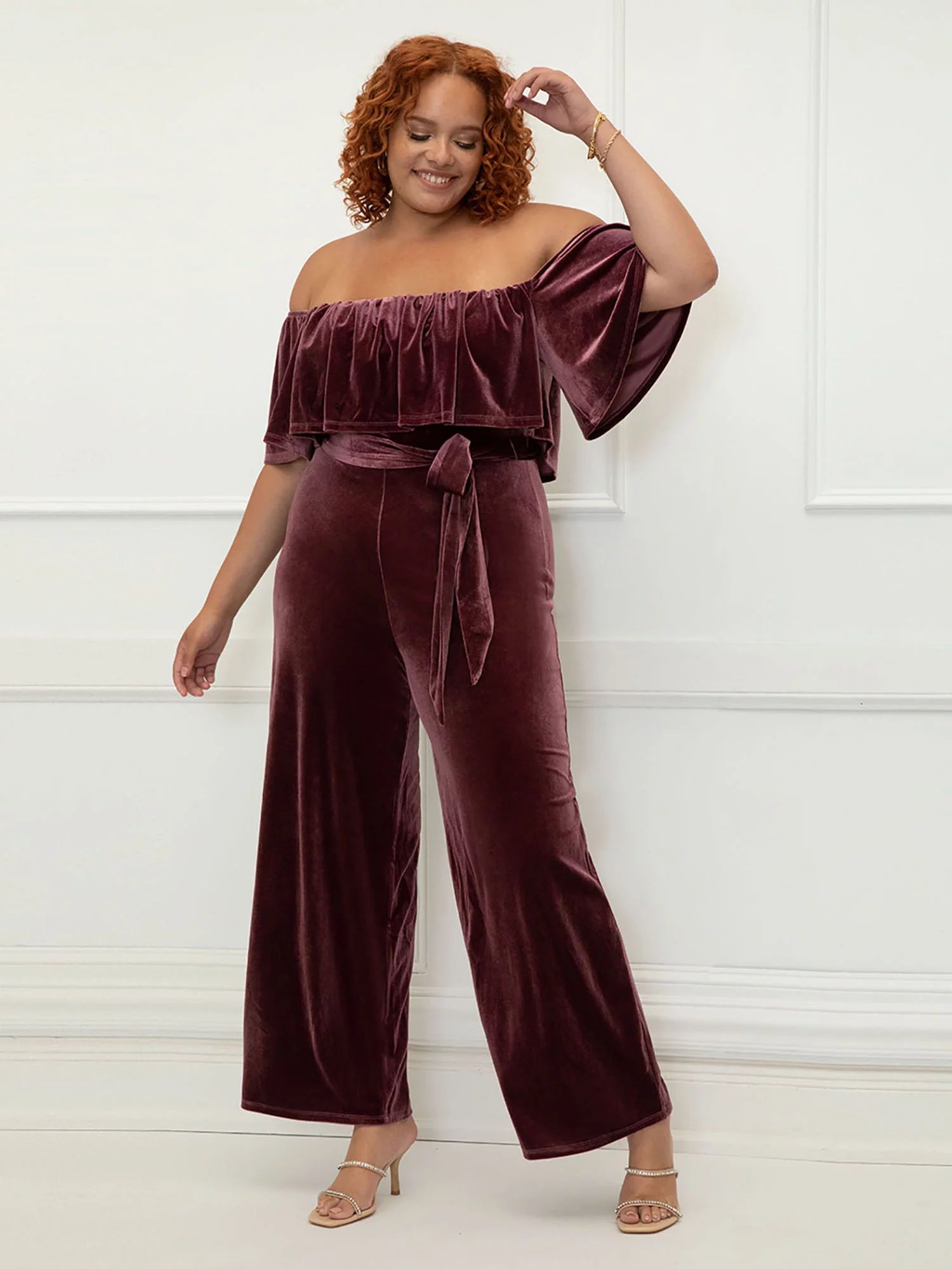 ELOQUII Elements Women's Plus Size Off the Shoulder Velvet Jumpsuit - Walmart.com | Walmart (US)