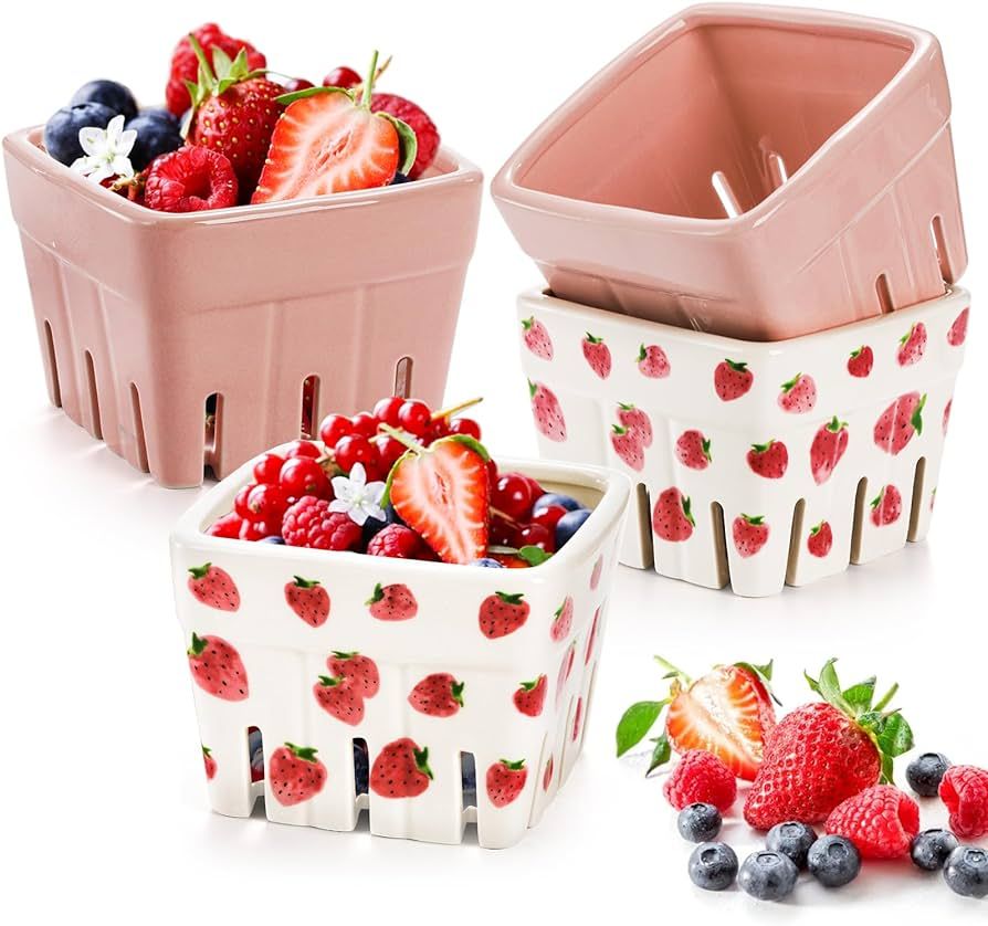 4 Pack Ceramic Berry Basket, Square Fruit Bowls, Kawaii Strawberry Kitchen Bowl Containers, Rusti... | Amazon (US)