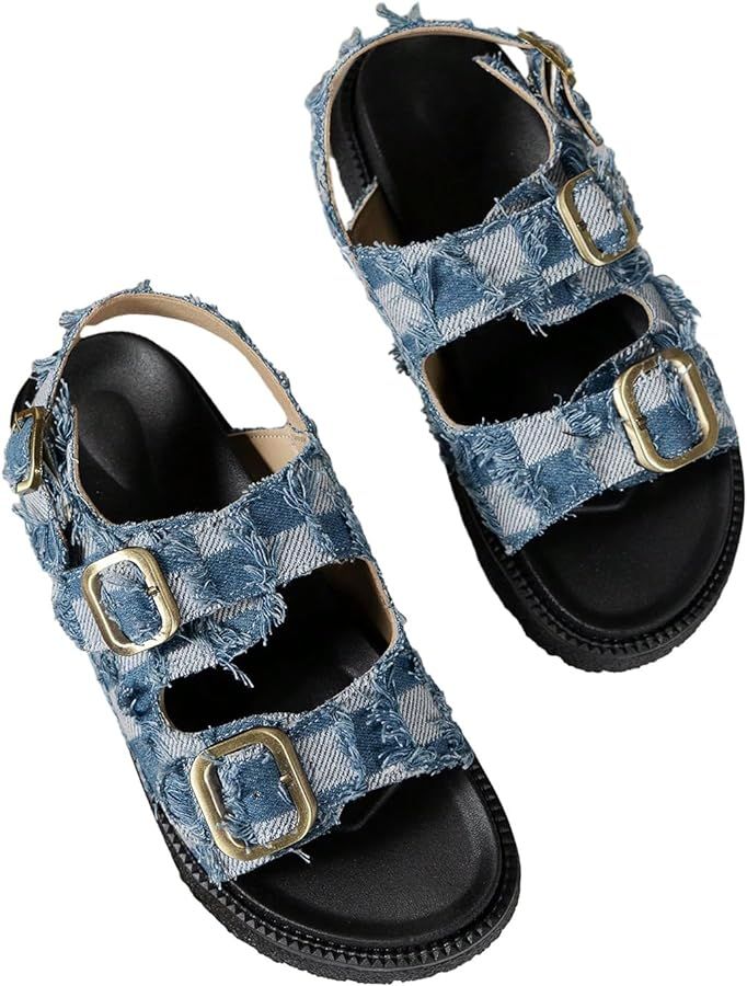 Verdusa Women's Buckle Denim Flatform Sandals Open Toe Slide Sandals Summer Shoes | Amazon (US)