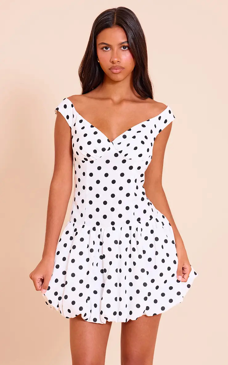 White Polka Dot Puffball Shift Dress | PrettyLittleThing USA | PrettyLittleThing US