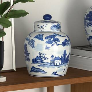 9 in. Blue Ceramic Rounded Chinoiserie Jar with Lid | The Home Depot