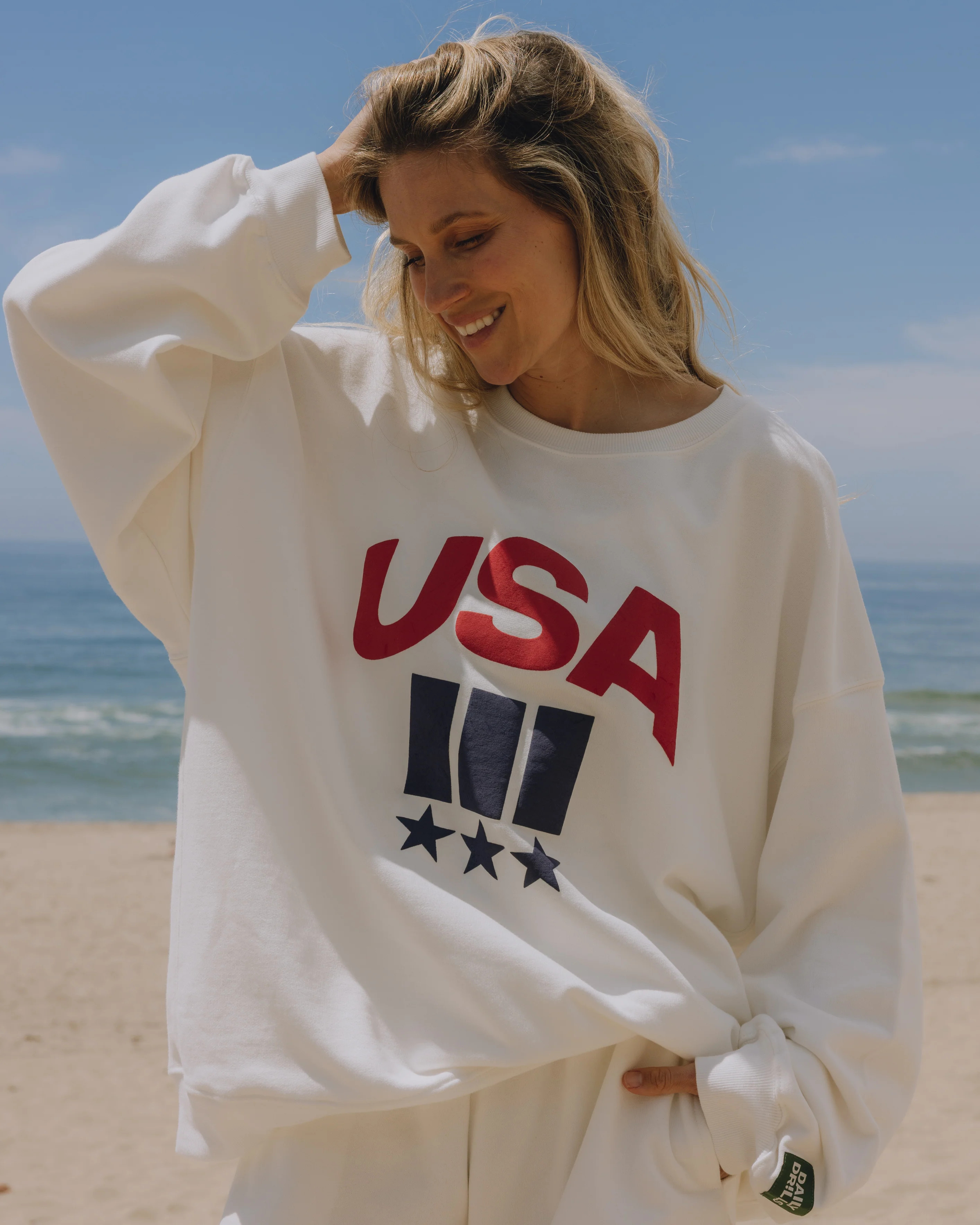 USA!!! Oversized Crew - White with Red + Navy | Daily Drills