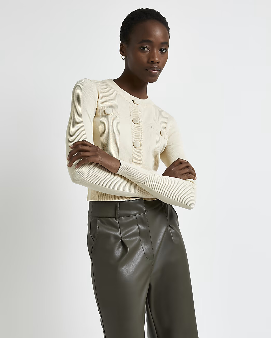 Beige cropped ribbed knit cardigan | River Island (UK & IE)