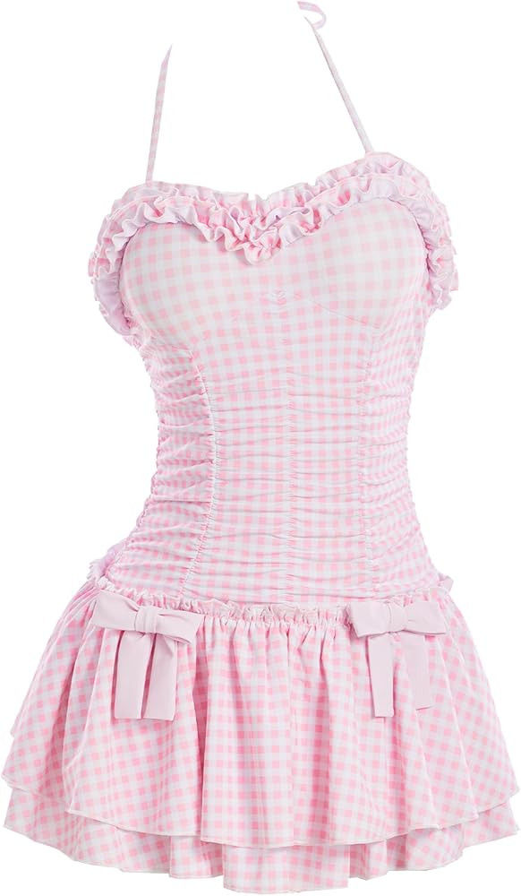 Women One Piece Swimsuits 50'S Vintage Retro Plaid Ruffle Tummy Control Bathing Suit with Hair Cl... | Amazon (US)