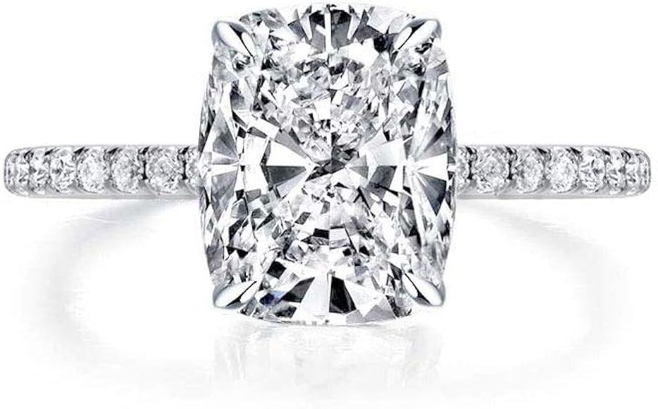 Bo.Dream 3ct Cushion Cut Cubic Zirconia CZ Engagement Rings Women Platinum Plated Sterling Silver... | Amazon (US)