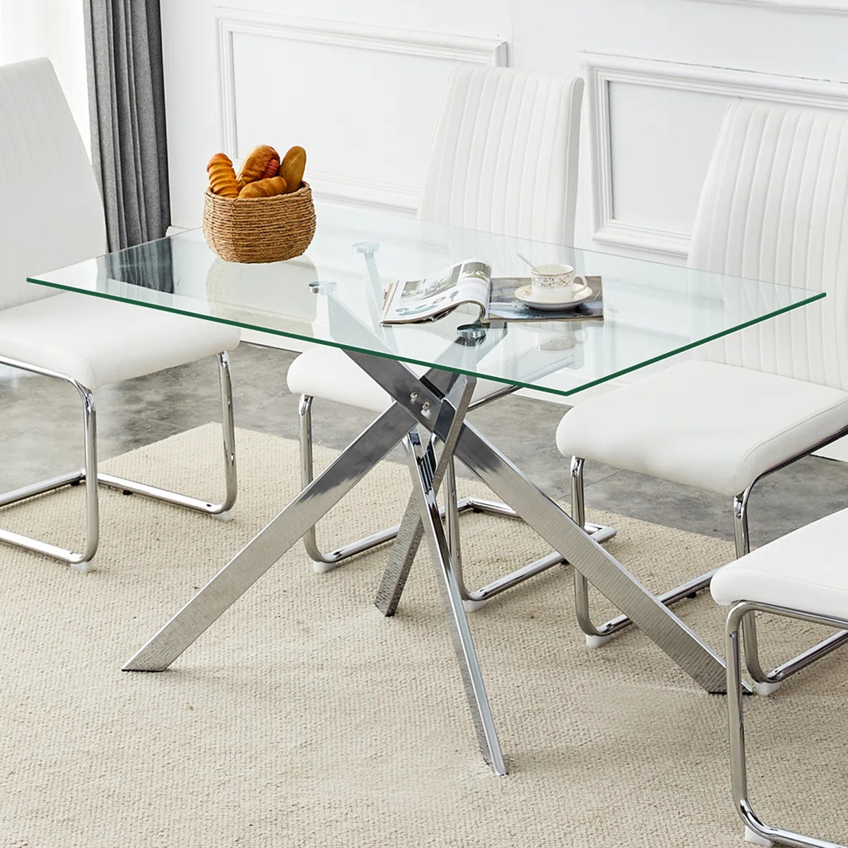 Carlinda Glass Dining Table for 4-6 People, Rectangular Kitchen Table with Cross Metal Legs, Mode... | Wayfair North America