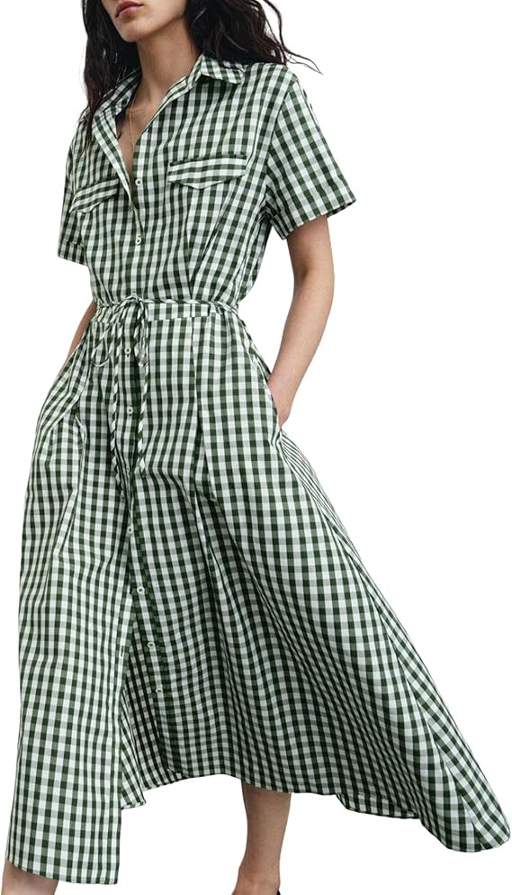 Daacee Women's Gingham Midi Shirt Dress Casual Collared Short Sleeve Tie Belt Button Down Long Co... | Amazon (US)