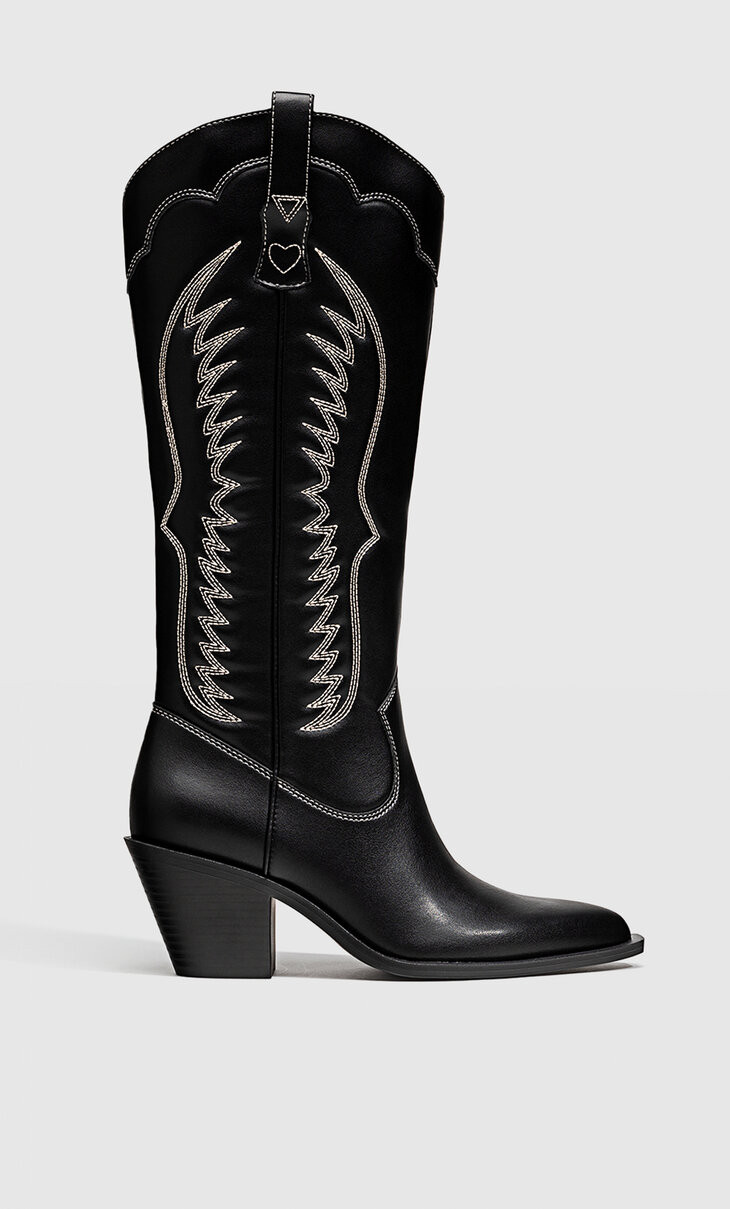 Women's heeled cowboy-style boots available in several colours. Embroidered details on the calf. ... | Stradivarius (UK)