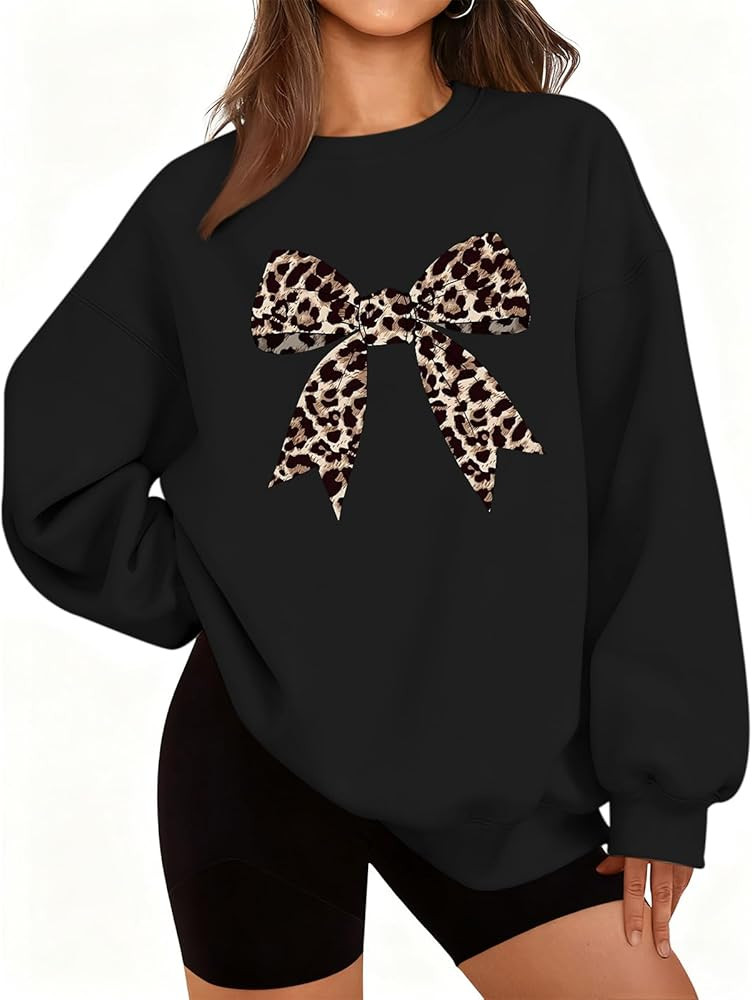 Bow Sweatshirt for Women Leopard Print Cute Sweatshirts Graphic Preppy Pullover Trendy Casual Cre... | Amazon (US)