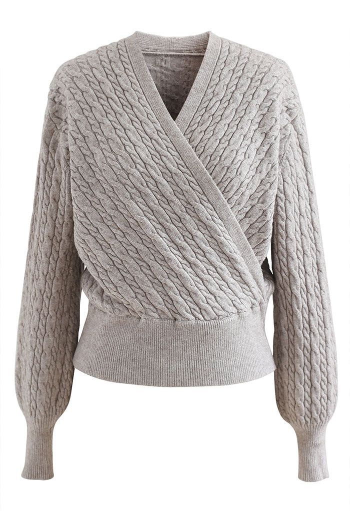 Cable Knit Wrap Front Crop Sweater in Linen | Chicwish