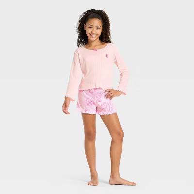 Girls' Wicked x Katie Kime 2pc Long Sleeve Top and Pointelle Pajama Set - Pink M | Target