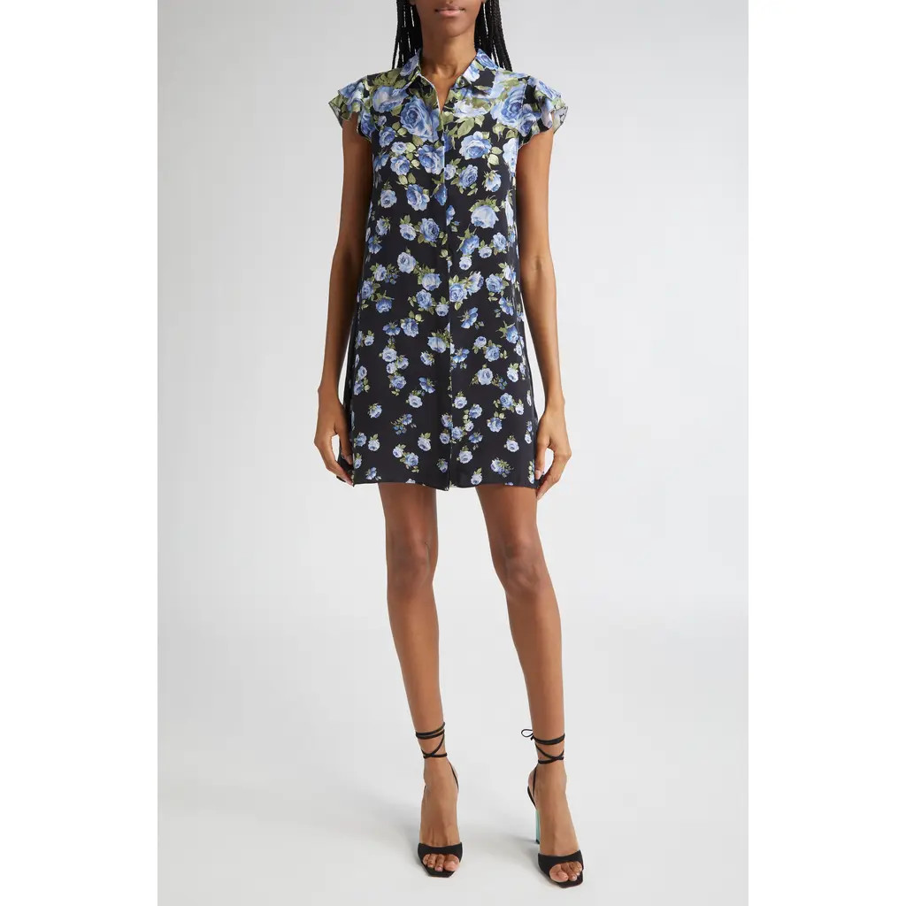 Alice + Olivia Jem Floral Ruffle Sleeve Mini Shirtdress in Smell The Roses at Nordstrom Rack, Size X-Small | Nordstrom Rack
