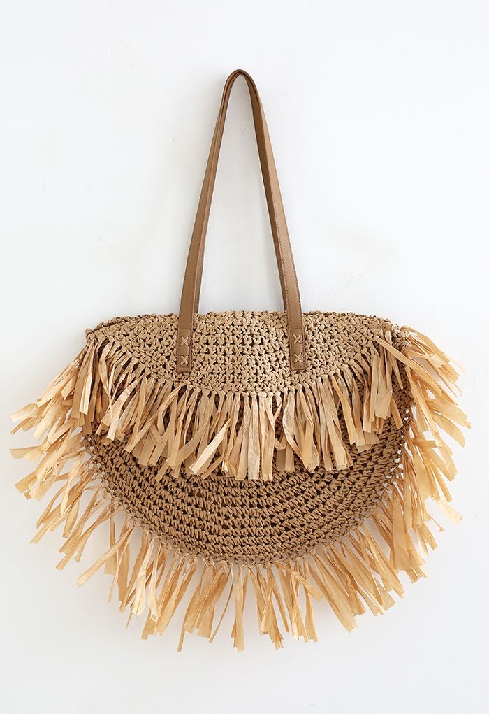 Fringed Woven Straw Shoulder Bag in Tan | Chicwish