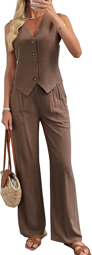 Women's 2 Piece Outfits Linen Vest Waistcoat Dressy Casual Sets Wide Leg Pants Suits | Amazon (US)