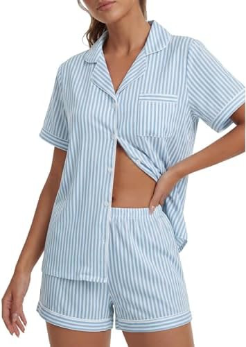 OPOIPIN Women's Striped Pajamas Set Short Sleeve Button Down Shirt with Wide Leg Shorts 2 Piece S... | Amazon (US)