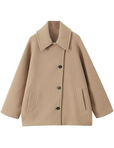 Aisongyuan Women's Fall Single Breasted Pea Coat Long Sleeve Turndown Collar Wool Cape Blend Coat with Pockets (Camel,M) | Amazon (US)