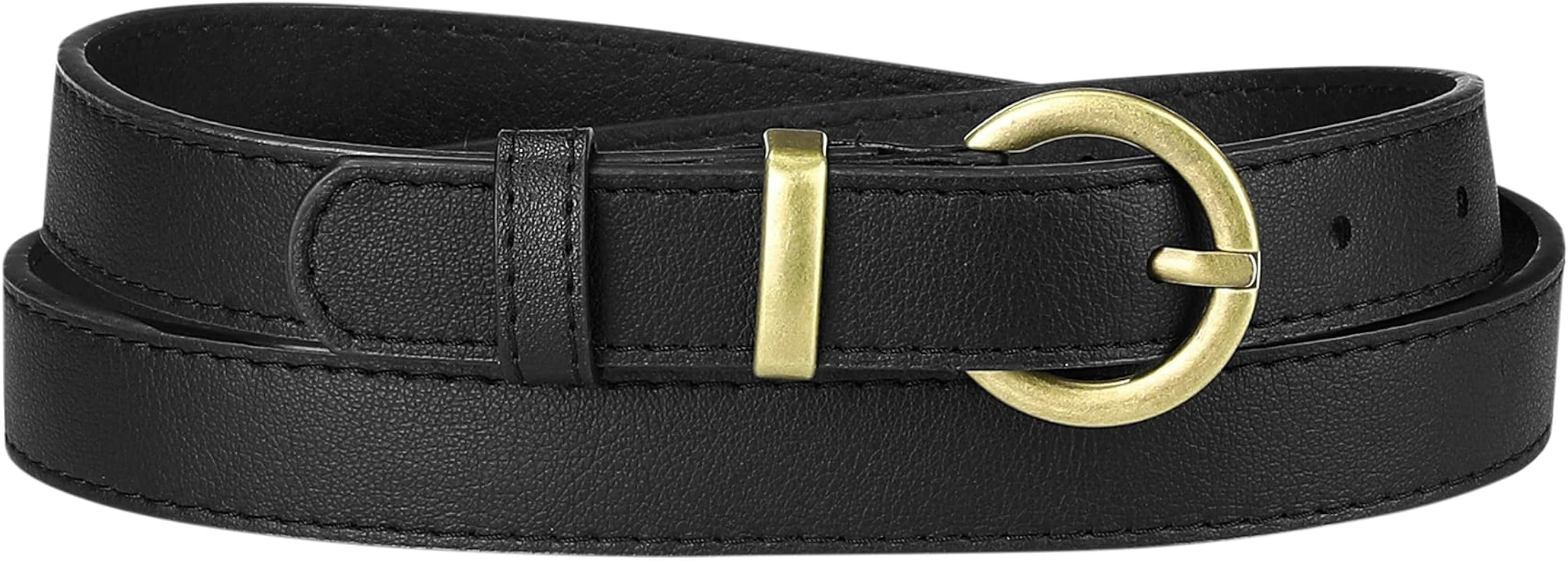 Allegra K Women PU Leather Belts Bronze Metal Pin Buckle Thin Waist Belts for Jeans Dress | Amazon (US)