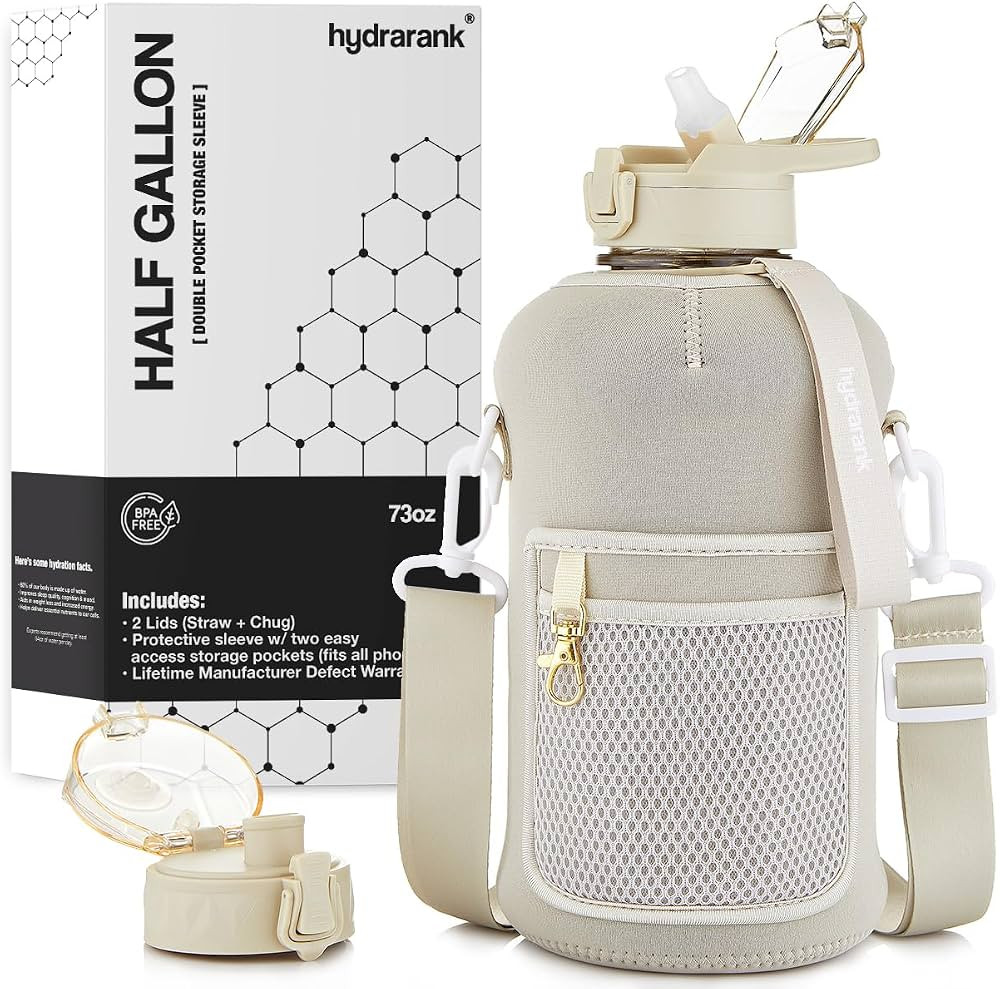 HYDRARANK Half Gallon Water Bottle with Storage Sleeve and Straw Lid - BPA Free Large Gym Water B... | Amazon (US)