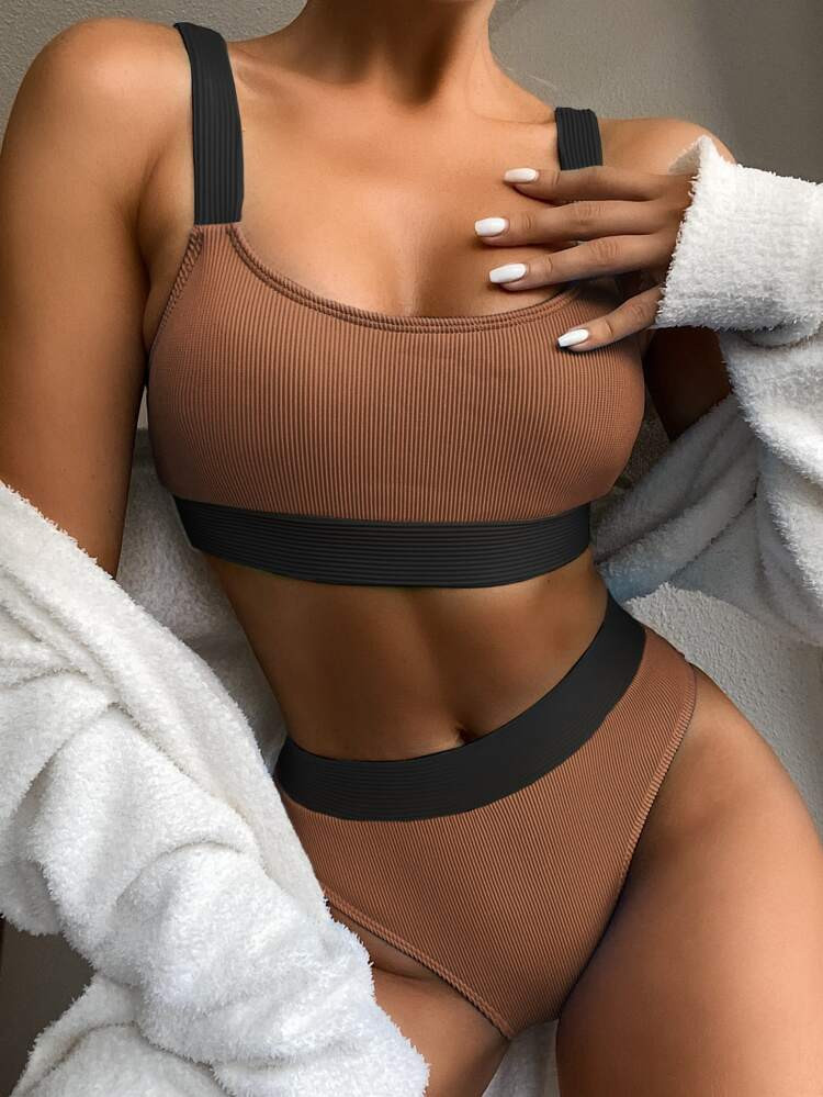 Rib Contrast Trim Bikini Swimsuit | SHEIN